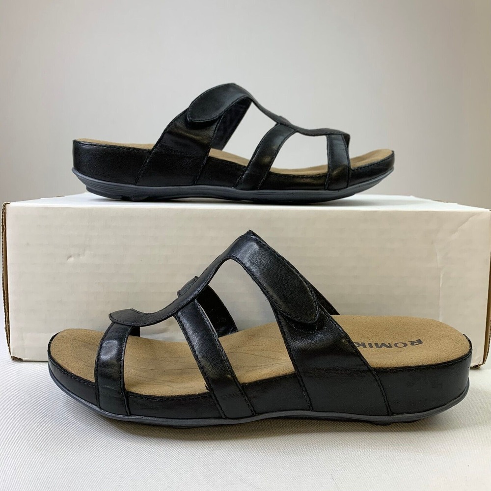 Romika Womens Slide Sandal Black Leather Cut-Out Slip-On Open-Toe Shoe Sz 6.5/37
